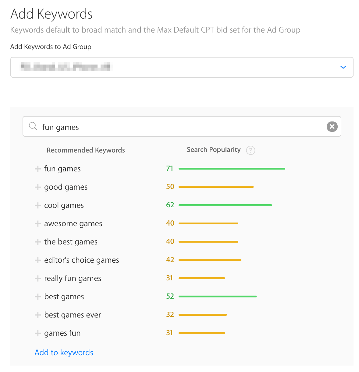 ASA keyword suggestions